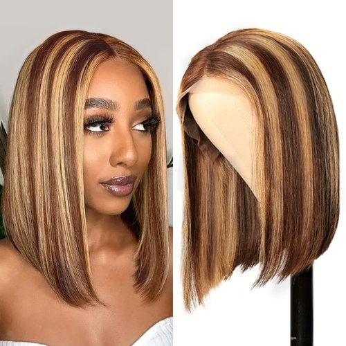 Highlight Bob Wig Human Hair Ombre 13x4 Hd Lace Front Wigs Human Hair Pre Plucked with Baby Hair 180% Density Honey Colored Frontal Glueless Short Straight Blonde Bob Wigs for Women p4/27 16 Inch