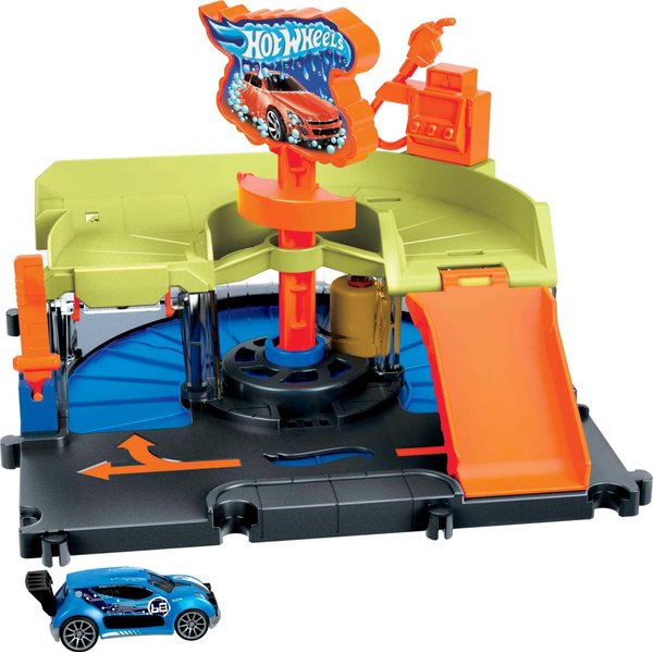 Hot Wheels City Toy Car Track Set, Downtown Express Car Wash Playset with 1:64 Scale Vehicle, Foam Roller & Drying Flaps