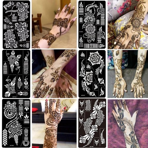 PPVWEY 12 Sheet Henna Tattoo Stencils kit, Temporary Tattoos Templates Hand Forearm Indian Airbrush Tattoo Stickers for Women Girls (Black)