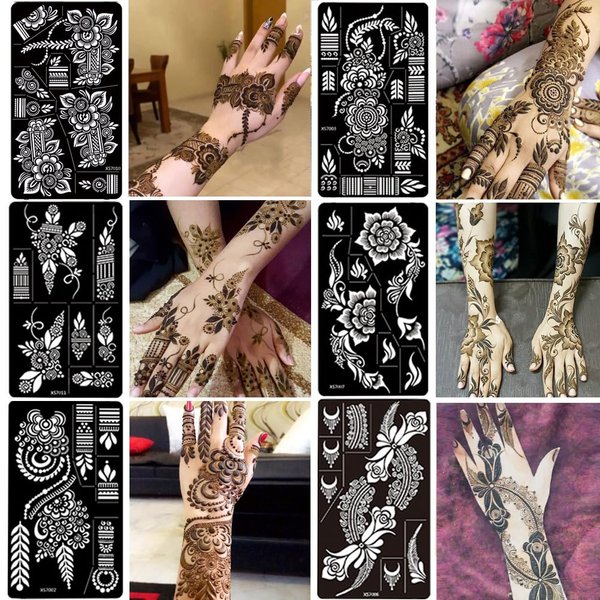 PPVWEY 12 Sheet Henna Tattoo Stencils kit, Temporary Tattoos Templates Hand Forearm Indian Airbrush Tattoo Stickers for Women Girls (Black)