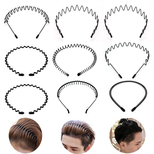 9pcs Metal Headband Spring Wavy Hair Band Unisex Hairband for Men Women Sport Hair Hoop Non-slip Headwear Hair Accessories (Black)