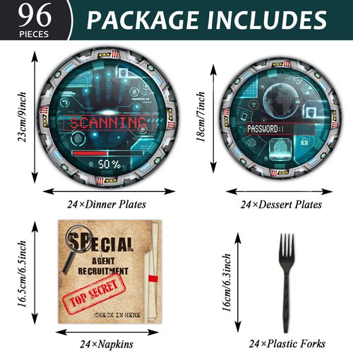 chiazllta 96 Pcs Secret Agent Birthday Party Paper Plate and Napkin Top Secret Spy Detective Plates Napkins, and Forks Party Set Escape Room Tableware Kit for Party Favors 24 Guests