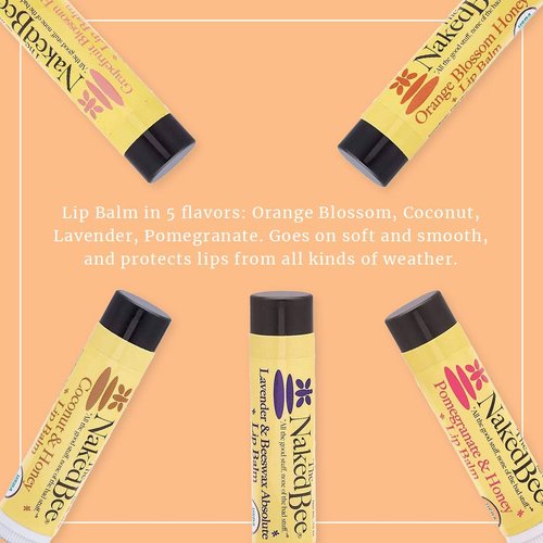 The Naked Bee Lip Balm Sampler, Coconut & Honey, Orange Blossom Honey, Pomegranate & Honey, Grapefruit Blossom Honey, Lavendar & Beeswax Absolute