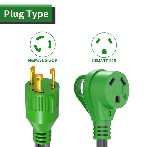 RVGUARD 3 Prong 30 Amp to 30 Amp RV Generator Adapter Cord 12 Inch STW 10/3, L5-30P Locking Male Plug to TT-30R Female with LED Power Indicator, Green