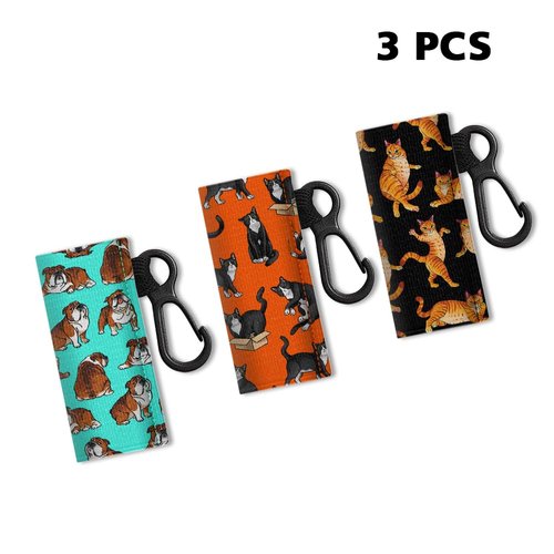 WIRESTER Set of 3 Chapstick Holder Keychain, Elastic Lip Balm Holder Sleeves for Women - English Bulldog, Tuxedo Cat, Tabby Cat Funny Playful Postures