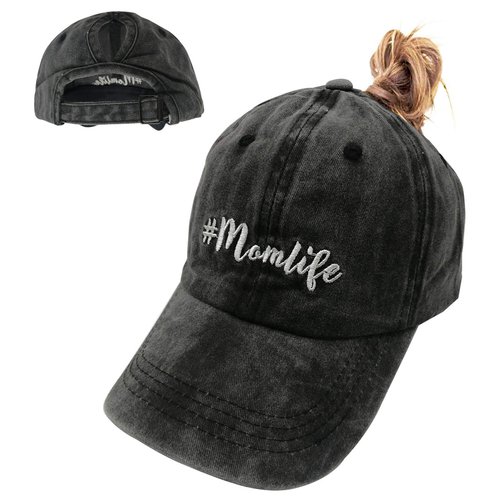 MANMESH HATT Mom Life Ponytail Baseball Cap Messy Bun Vintage Washed Distressed Twill Plain Hat for Women (Black, One Size)