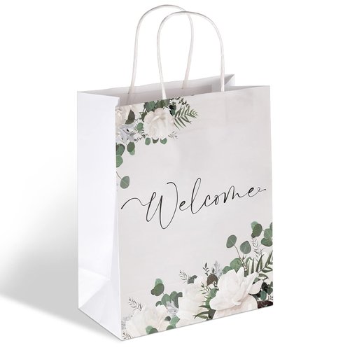 Chinco Wedding Bags, 24pcs Kraft Paper Gift Bags for Hotel Guests, White, Classic Design, Sturdy, Versatile Uses, Ideal for Wedding, Party Favors, Supplies