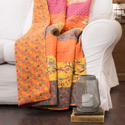 Lush Decor Royal Empire Reversible Cotton Throw Blanket, 50" W x 60" L, Tangerine - Colorful Boho Pattern - Orange Throw - Fall Quilted Throw - Bohemian Striped Cotton Blanket For Bed, Couch, Or Chair