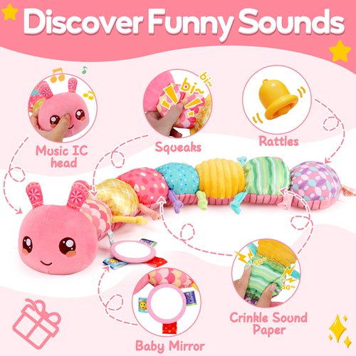 Baby Girls Toys 0-6 Months Tummy Time Musical Stuffed Animal Caterpillar Toy for Infant 0-3 3-6 Months Sensory Toy with Mirror Crinkle Rattle Newborn First Birthday Gifts for 3 4 5 6-12 Month Old Boys