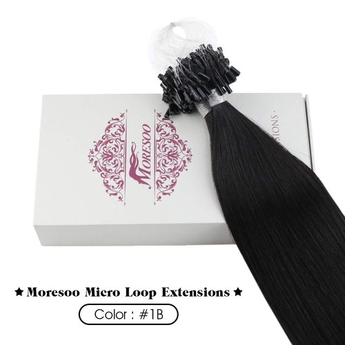 Moresoo Micro Link Hair Extensions Human Hair Black Microlink Hiar Extensions Off Black Micro Ring Hair Extensions Human Hair Microlink Extensions 50G/50S 24Inch #1B