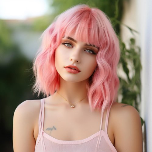 Amyqueen Pink Wig for Women,Pastel Loose Wavy Wig with Air Bangs Shoulder Length Bob Synthetic Cosplay Wig for Girl Colorful Costume Wigs (Pink)