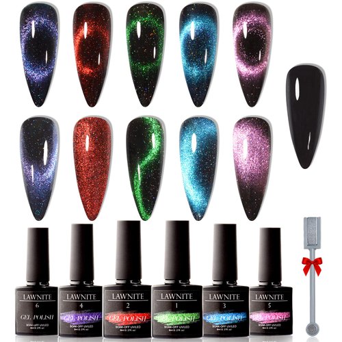 Lawnite 9D Cat Eye Gel Nail Polish Set Holographic Magnetic Nail Polish, 5 Colors Cateye Gel Polish with Black Base Nail Polish and 1* Magnet Fall Color Soak Off Nail Art Manicure Women Gift