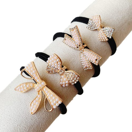 Xiwstar 4Pcs Elegant Pearl Rhinestone Hair Bow Ties Hair Scrunchies Stretch Hair Ropes Accessories for Women and Girls Ponytail Holder
