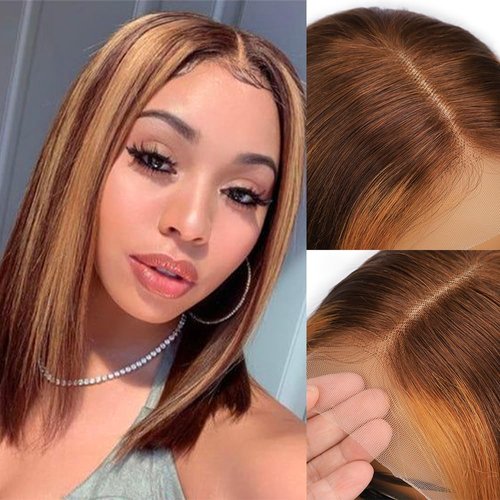 Royal Lady Highlight 13x4 HD Lace Front Wigs Ombre P4/27 Human Hair Bob Wigs Colored Lace Frontal Wigs for Women Glueless Pre Plucked with Baby Hair 180% Density Straight Short Bob Wigs 12 Inch