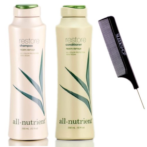 All-Nutrient RESTORE Shampoo & Conditioner DUO SET, Repairs Dry-Damaged Hair (w/Sleek Comb) UV+ Color Protection, 100% Vegan (12 oz + 12 oz DUO KIT)
