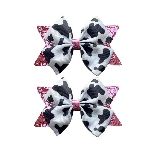 2Pcs Cow Print Hair Bow Clips for Girls,Cute Moo Cow Hair Barrettes Hand-made Grosgrain Ribbon Hair Bows Pink Cow Bow Alligator Clips Hair Accessories for Toddlers Baby Little Girls Kids Teens