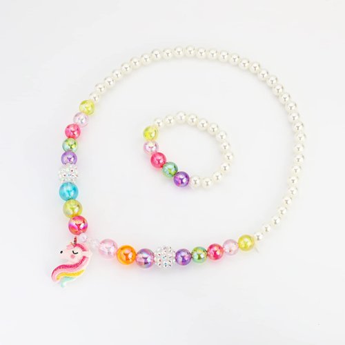 SOTOGO 6 Sets Girl Princess Necklace Bracelet with Colorful Pendants Kids Beaded Necklace Bracelet Stretchy Chunky Costume Jewelry Present Toy