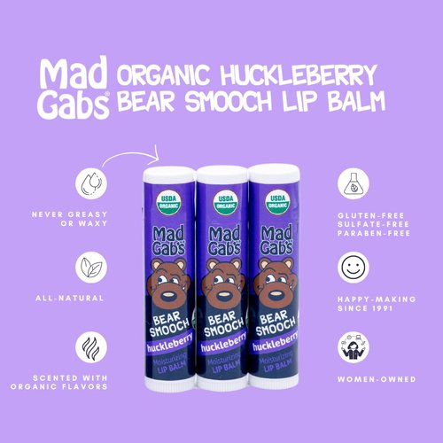 Mad Gab's Bear Smooch Huckleberry Lip Balm | Moisturizing and Certified Organic | Made with Organic Olive Oil and Beeswax