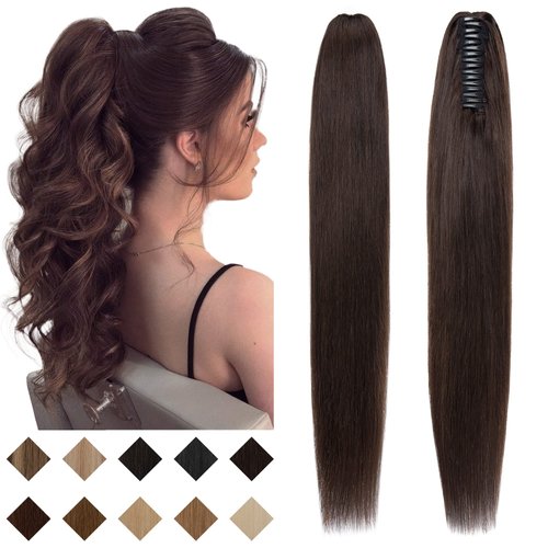 SEGO Claw Clip Ponytail Extension Human Hair Clip in Ponytail Hair Extensions Real Human Hair Pony Tails Hair Extensions Long Straight For Women 14 Inch Dark Brown 105 Gram