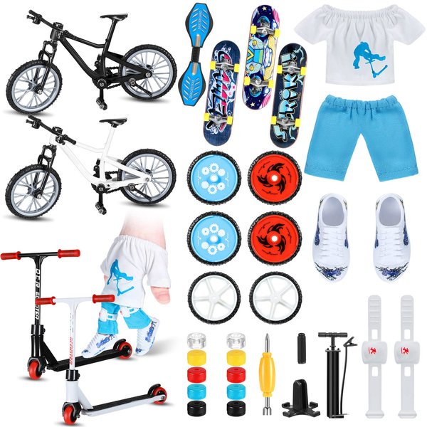 35 Pcs Mini Finger Toy Set, Finger Scooter/ Skateboards/Shoes/Bikes/ Tops/Pants/ Knee Pads, Tiny Swing Board, Mini Bike Wheels Toys for Party Favors