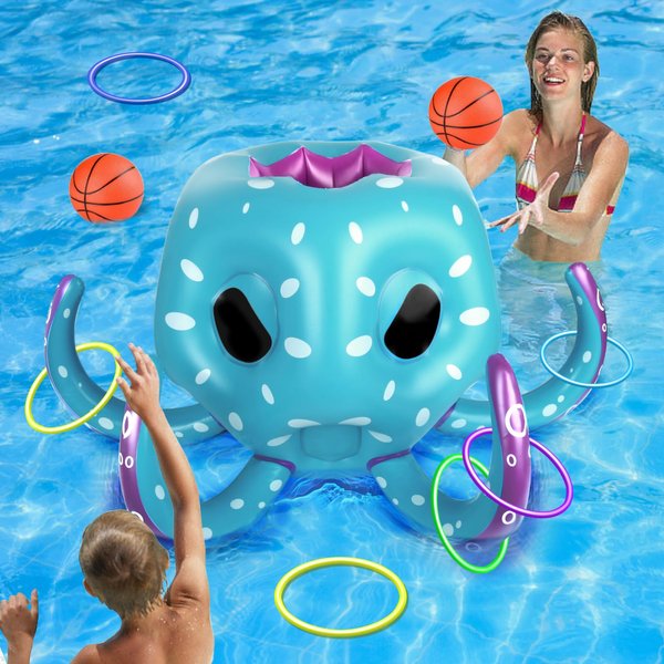 GESUNDHOME Octopus Pool Toys, 2-in-1 Inflatable Basketball Hoop & Ring Toss Games for Indoor Outdoor Water Play, Cool Family Party Gift Summer Toys for Ages 3 4 5 6 7 8 Year Old Boys Girls Teens