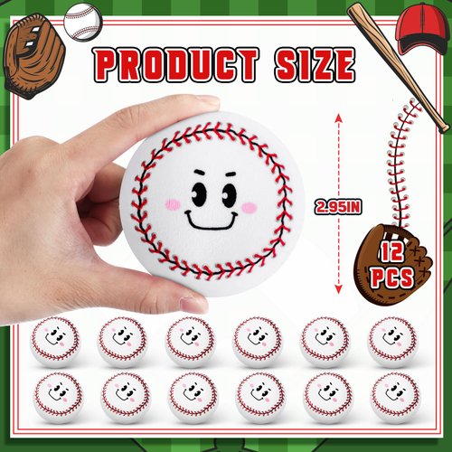 Poen 12 Pcs Baseball Stuffed Animal 3 inch Plush Soft Baseball Baby Baseball Toy Smiling Face Baseball Stress Balls Squeeze Relief Toy for Baby and Toddler Girls or Boys