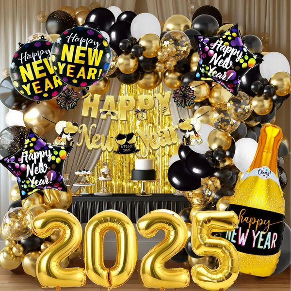 121Pcs New Years Eve Party Supplies 2025 Black and Gold New Year Party Decorations 2025 Balloons Arch Set include Happy New Year Banner, Fringe Curtains, 2025 Balloons for New Years Eve Decorations