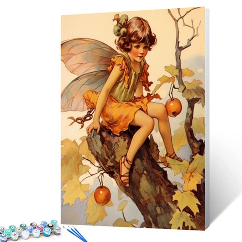 Little Fairy Sitting on a Branch of Acorns Paint by Number Light Yellow Orange Spirit DIY Painting on Canvas with Brushes Paints Paint by Numbers for Adults and Beginner 16x20 Inch（without Frame）