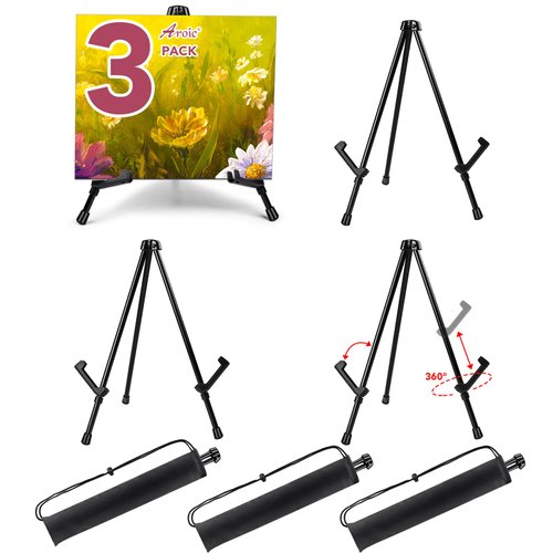 AROIC 14'' Tabletop Instant Display Easel, 3pack Black Small Steel Portable & Adjustable Collapsible Table Tripod Easels Stand, for Canvas Paintings, Signs, Posters, Event Signs, with 3 Storage Bags