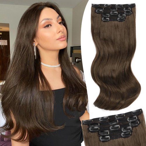Clip in Hair Extensions Medium Brown Long Straight Wavy Layered Hair Extensions 5PCS 16 Inch Synthetic Thick Hairpieces for Women