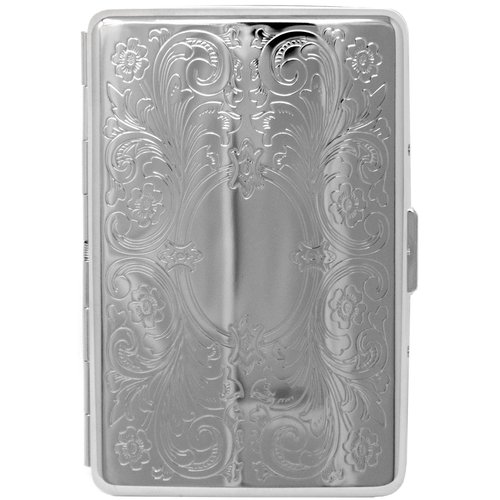 Silver Vintage Victorian Scroll Compact (16 100s) Etched Metal-Plated Cigarette Case & Stash Box