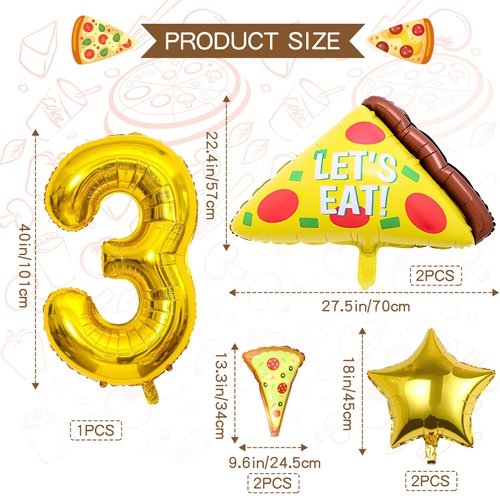 7pcs Pizza Balloons, Pizza Birthday Number Mylar Foil Balloon Pizza Slice Party Supplies Pizzaria Birthday Decorations (3rd)