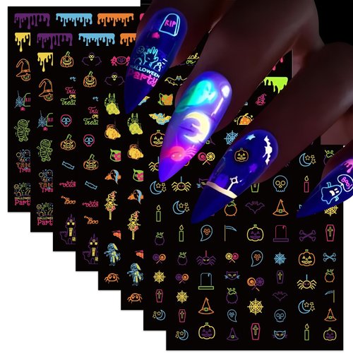 8Sheets Glow in Dark Halloween Nail Stickers 3D Luminous Halloween Scary Ghost Skull Nail Decals ...