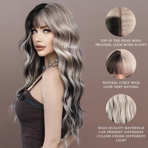 7JHH WIGS Long Wavy Silver Grey Black Highlight Wig 27in Natural Heat Resistant Fiber Synthetic Curly Light Grey Black Ombre Wigs with Bangs for Women Girls Daily Party Chrismas Travel Used