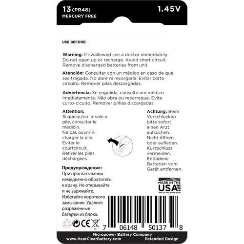 Hear Clear Size 13 PR48 Hearing Aid Batteries 1.45V Orange Tab (60 Batteries) + Bonus Varta 8 Pack