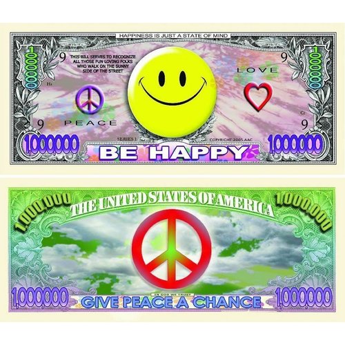 5 Be Happy (Smiley Face) Million Dollar Bills with Bonus “Thanks a Million” Gift Card Set