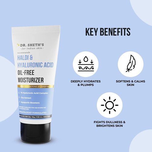 Dr. Sheth's Haldi & Hyaluronic Acid Oil-Free Moisturizer | Lightweight Moisturiser To Rehydrate Dull Skin | 1% Hyaluronic Acid, Cica Extract | Women & Men | 50G, Adult