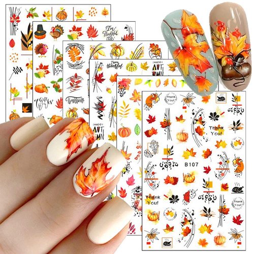6 Sheets Fall Nail Art Stickers, 3D Maple Leaf Self-Adhesive Nail Decals Thanksgiving Nail Art Supplies Maple Leaves Pumpkin Turkey Nail Stickers Fall Nail Art Designs for Women DIY Nail Decorations