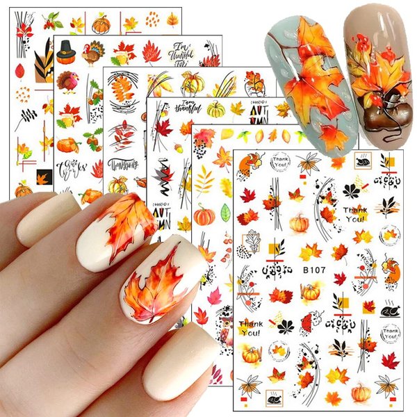 6 Sheets Fall Nail Art Stickers, 3D Maple Leaf Self-Adhesive Nail Decals Thanksgiving Nail Art Supplies Maple Leaves Pumpkin Turkey Nail Stickers Fall Nail Art Designs for Women DIY Nail Decorations