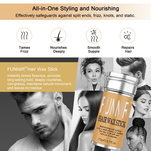 FUNNIR Hair Wax Stick (3 Pack) for Slick, Frizzy Hair and Edge Control,Bun Maker & Styling Waxes for Kids & Women & Men