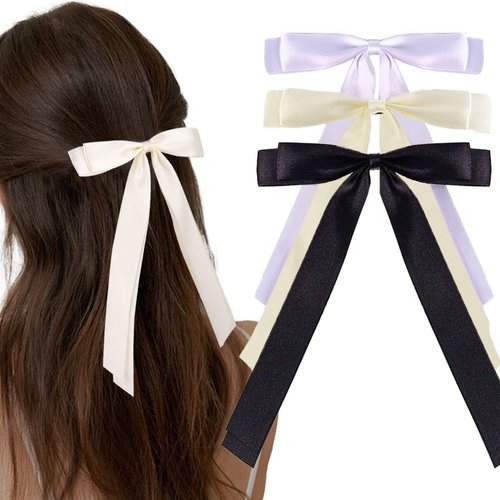 Outyua Silky Satin Hair Bows 3Pcs Hair Bows for Women Hair Ribbon Long Tail Hair Bow Barrettes Me...