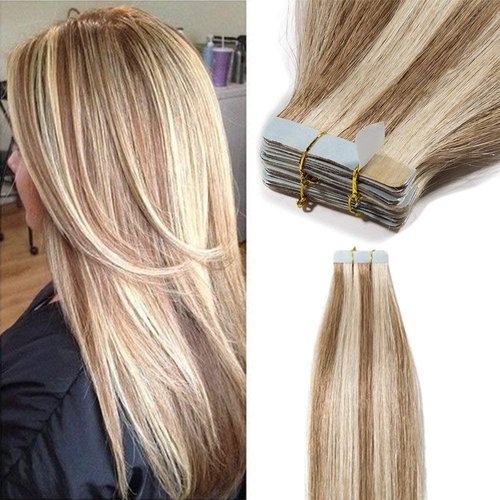 Hairro 18" Tape in Hair Extensions Remy Human Hair 30g Thin Highlight Golden Brown Mix Bleach Blonde Long Straight Balayage Hair Seamless Skin Weft Invisible Double Sided Tape 20pc/pack