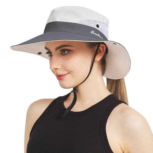 NPJY Ponytail Sun Hat Womens Men 3” Wide Brim UPF 50+ Fishing Beach Bucket Hats Beige/Grey