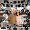 25th Wedding Anniversary Decorations Black Silver Happy 25th Anniversary Banner Backdrop Honeycomb Centerpiece Hanging Swirls Pom Poms for 25th Silver Wedding Anniversary Party Decorations Supplies