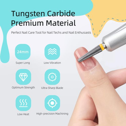 HYTOOS 24mm Super Long 5 in 1 Nail Drill Bits, Cross Tapered Carbide Bit, 3/32" Two-way Rotate for Both Hand, Remove Acrylic Nails/Gel, Electric File Tool Drills Manicure Accessories (XF)