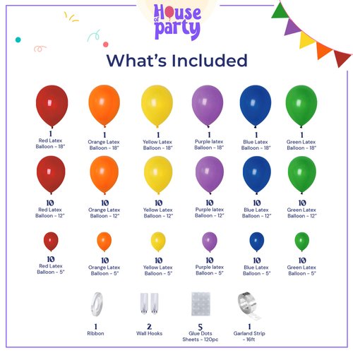 HOUSE OF PARTY Rainbow Balloon Arch Kit -135 Pcs Colorful Pride Balloons Included for Balloon Garland, Arch, and Fiesta Decorations for Easter Party, Baby Girl Birthday and christmas decor