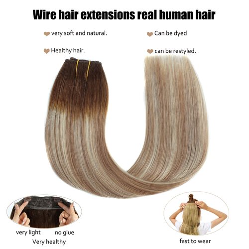 Ugrace Hair Wire Hair Extensions Real Human Hair 14 inch 70g Transparent Invisible Fish Line Straight Clip in Human Hair Extensions for Women