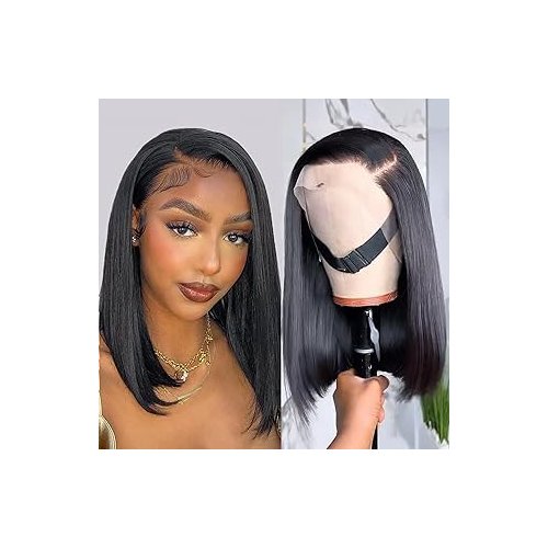 Ksflaae Bob Wig Human Hair 13x4 Frontal Lace Wigs Human Hair 180% Density Short Straight Frontal Bob Wigs for women Human Hair Pre Plucked with Baby Hair Natural Color 12 inch