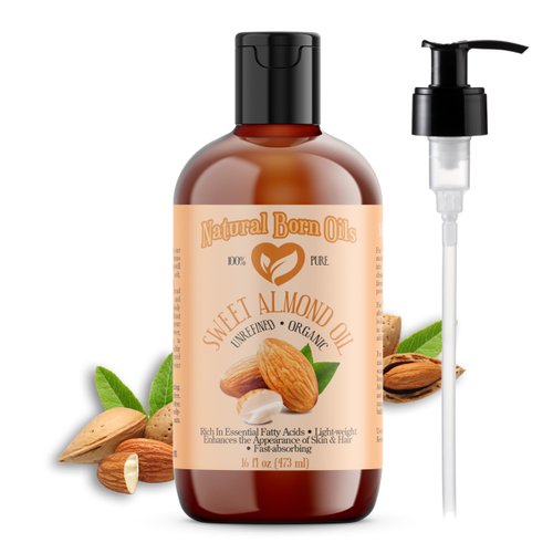 Natural Born Oils Sweet Almond Oil, 16oz, Organic, Cold-Pressed, Nutrient-Rich, Excellent for Soft Skin, Lustrous Hair