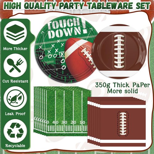 140PCS Football Party Supplies Tableware Set Serve 24, Football Birthday Party Decorations Includes Plates Napkins Cups Banner Balloons Cake ToppersTablecloth for Football Themed Party Supplies